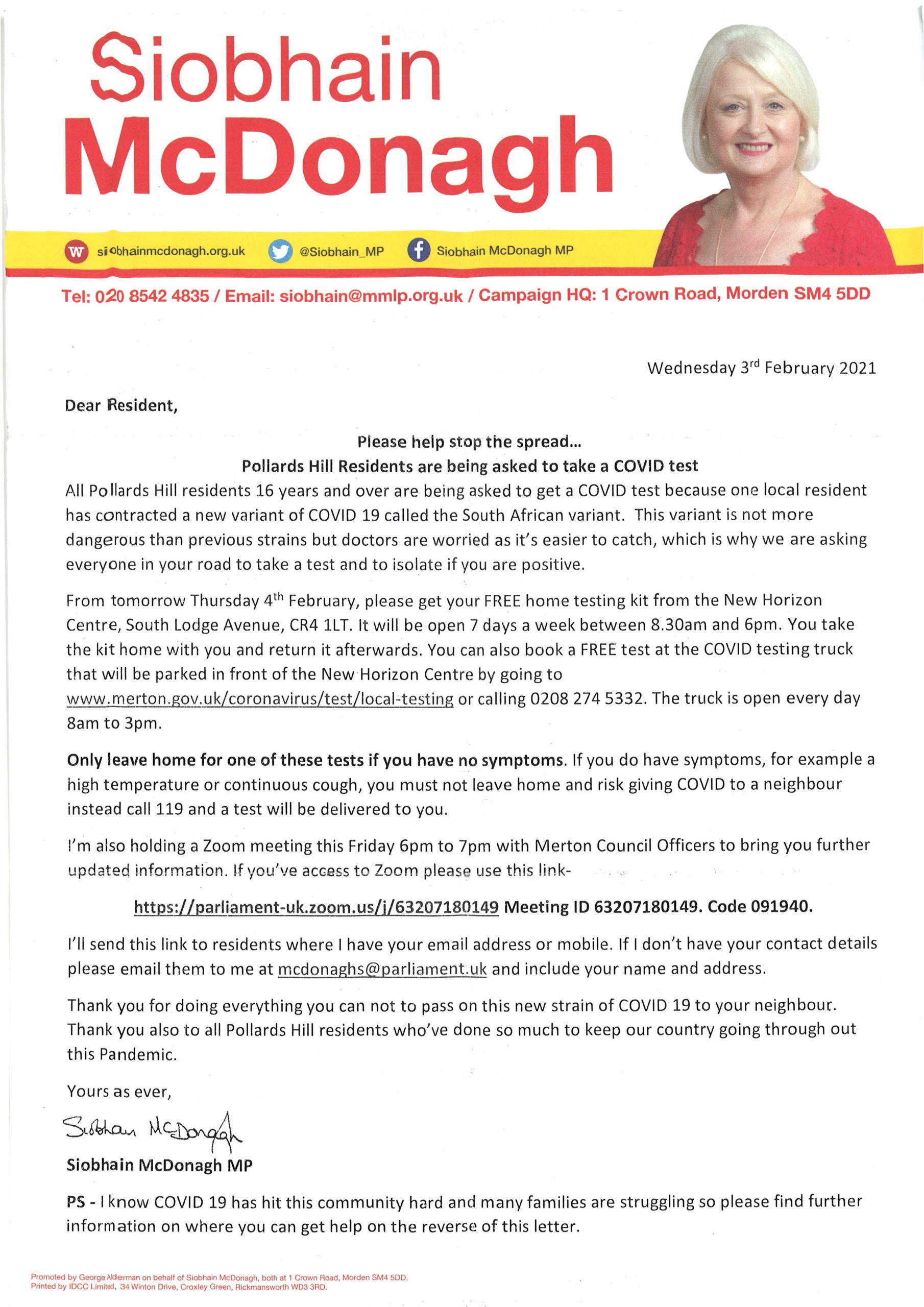 Siobhain Letter for Pollards Hill - Wrong Twitter Account, False Printed by Statement, No mention of people who work in Pollards Hill