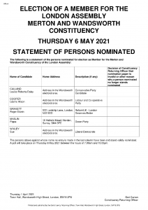 Statement of Persons Nominated - Merton Wandsworth constituency