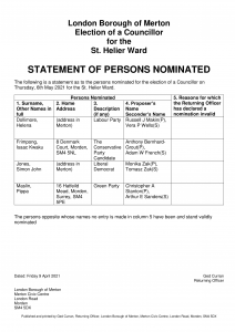 Statement of Persons Nominated - St Helier By-Election 6 May 2021