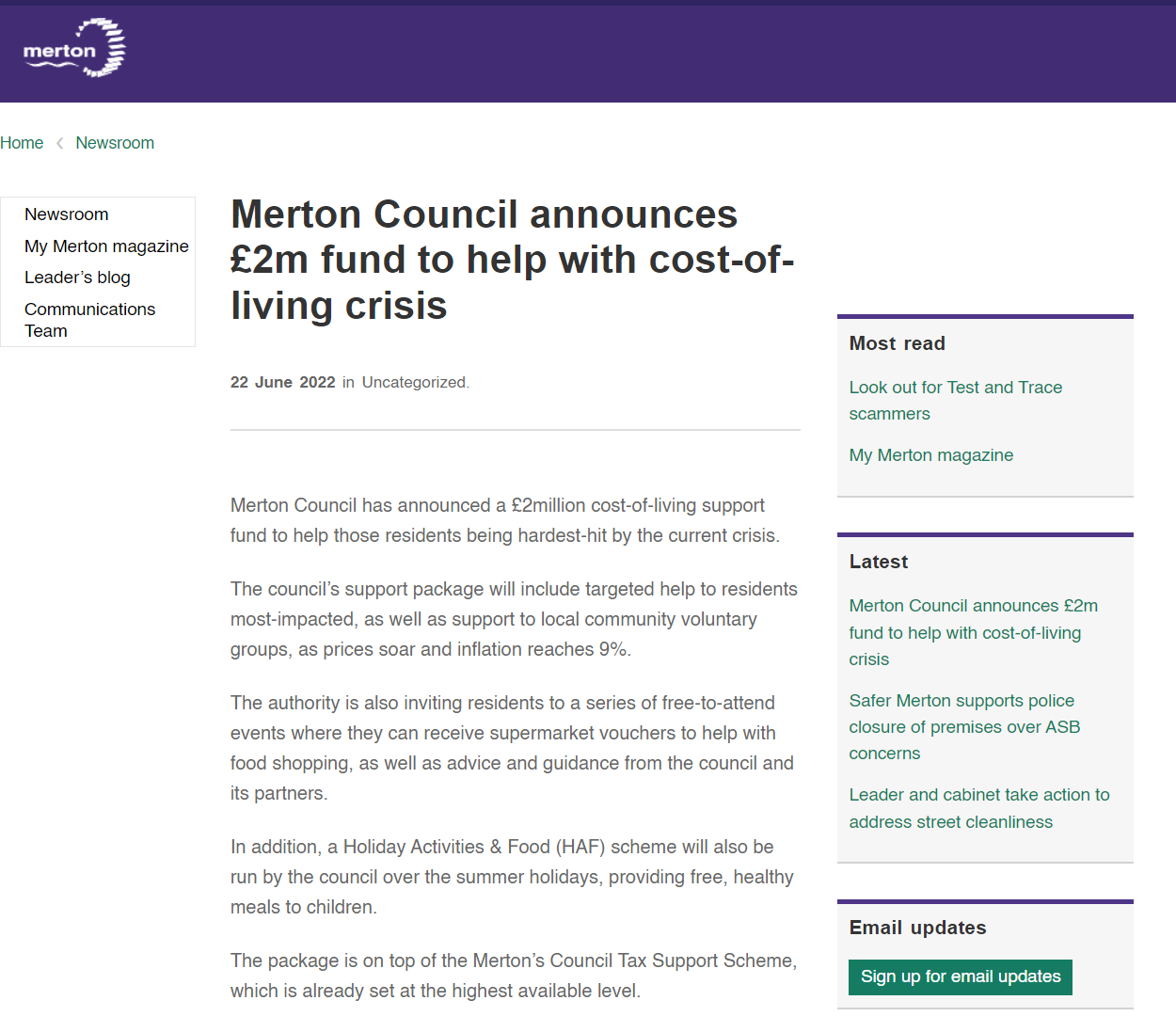 Merton Council announces £2m fund to help with cost-of-living crisis